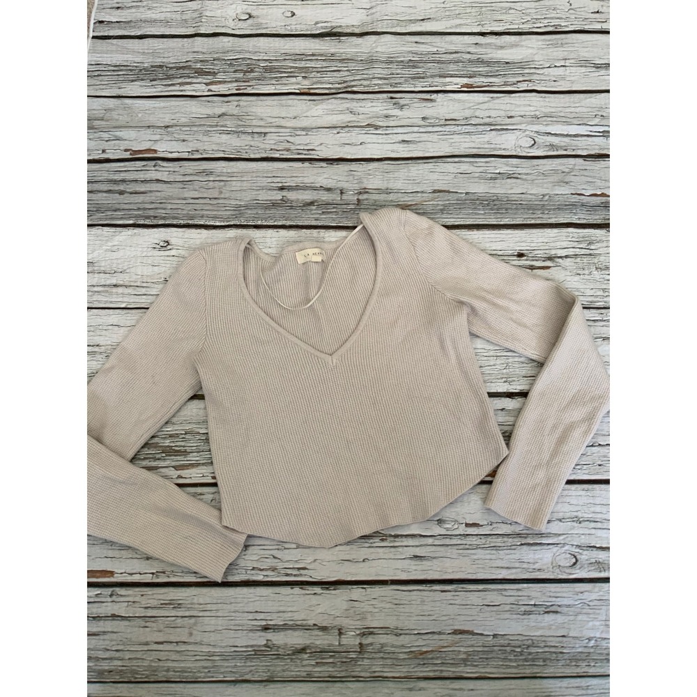LA Hearts Beige Waffle Knit V-Neck Curved Hem Long Sleeve Thermal‎ Top Size M